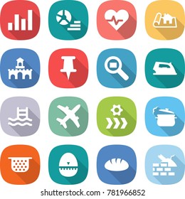 flat vector icon set - graph vector, diagram, heart pulse, project, fort, pin, cargo search, iron, pool, plane, conveyor, steam pan, colander, egg timer, bread, construct garbage