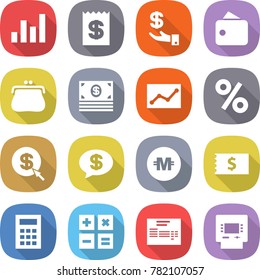 flat vector icon set - graph vector, receipt, investment, wallet, purse, money, statistics, percent, dollar arrow, message, crypto currency, calculator, invoice, atm