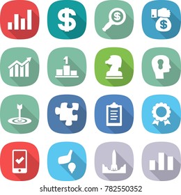 flat vector icon set - graph vector, dollar, magnifier, money gift, diagram, pedestal, chess horse, bulb head, target, puzzle, clipboard, medal, mobile checking, golf, rocket start, chart