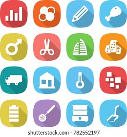 flat vector icon set - graph vector, atom core, pencil, chicken leg, male sign, scissors, skyscraper, modern architecture, shipping, home, thermometer, blocks, battery, skimmer, double boiler, scoop