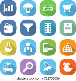 flat vector icon set - graph vector, parachute, smart glasses, cart, wallet, funnel, pills blister, recipe, flask, workman, hotel, transfer, viruses, wasp, handle washing