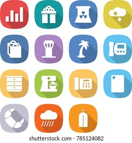 flat vector icon set - graph vector, gift, nuclear power, cloud service, shopping bag, airport tower, palm, intercome, chest of drawers, coffee maker, office phone, cutting board, croissant, rain