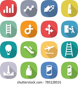 flat vector icon set - graph vector, up down arrow, lipstick, ladder, trip, route, courier delivery, air ballon, escalator, departure, rocket start, cleanser, powder, please clean