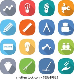 flat vector icon set - graph vector, bulb, satellite, pencil, ruler, drawing compasses, toaster, welcome mat, robot hand, salt pepper, berry, fork, rake, harvest