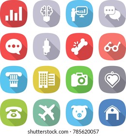 flat vector icon set - graph vector, bulb brain, presentation, discussion, balloon, spark plug, broken bone, pacemaker, column, houses, camera, heart pendant, phone, plane, pig, barn