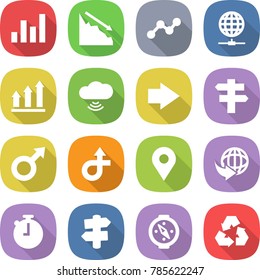 flat vector icon set - graph vector, crisis, globe connect, up, cloud wireless, right arrow, singlepost, male sign, trip, geo pin, delivery, stopwatch, signpost, compass, recycling