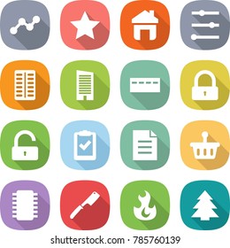 flat vector icon set - graph vector, star, home, equalizer, pills blister, skyscraper, bunker, lock, unlock, clipboard check, document, basket, chip, chef knife, fire, spruce
