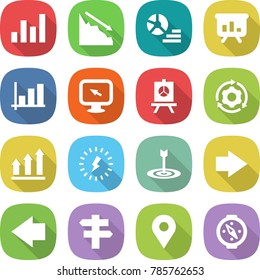 flat vector icon set - graph vector, crisis, diagram, presentation, monitor arrow, around gear, up, lightning, target, right, left, singlepost, geo pin, compass