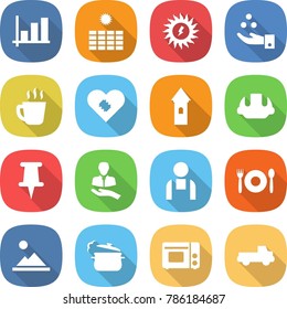 flat vector icon set - graph vector, sun power, chemical industry, hot drink, pacemaker, tower, building helmet, pin, client, workman, cafe, landscape, steam pan, grill oven, pickup