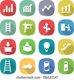 flat vector icon set - graph vector, diagram, up, ladder, tower crane, route, courier delivery, package, air ballon, escalator, pickup, cleanser powder, please clean
