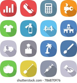 flat vector icon set - graph vector, phone, calculator, satellite, t shirt, potion bottle, bridge, fort, scooter shipping, baggage, palm, big spoon, tomato, shovel, syringe, wiping