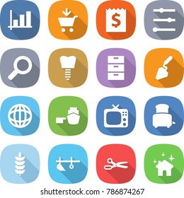 flat vector icon set - graph vector, add to cart, receipt, equalizer, magnifier, tooth implant, archive, construction, globe, port, tv, toaster, spike, plow, scissors, house cleaning