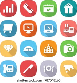 flat vector icon set - graph vector, phone, calendar, gift, delivery, monitor arrow, notebook, store, diamond, hangare, hotel, camera, intercome, chef knife, fork spoon plate, spot