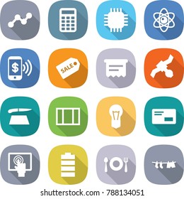 flat vector icon set - graph vector, calculator, chip, atom, phone pay, sale label, atm receipt, satellite, cutting board, window, bulb, envelope, touchscreen, battery, fork spoon plate