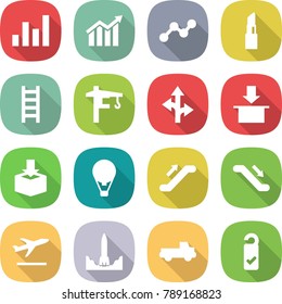 flat vector icon set - graph vector, diagram, lipstick, ladder, tower crane, route, package, air ballon, escalator, departure, rocket start, pickup, please clean