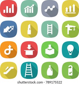 flat vector icon set - graph vector, diagram, up, down arrow, lipstick, ladder, tower crane, trip, package, air ballon, escalator, cleanser, please clean