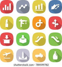 flat vector icon set - graph vector, up, down arrow, lipstick, tower crane, trip, route, package, escalator, departure, rocket start, pickup, cleanser