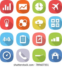 flat vector icon set - graph vector, statistics, clock, plane, bulb, atom core, cloud service, calculator, bridge, clipboard, pen, sorting, barometer, phone, pan, barn