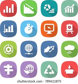 flat vector icon set - graph vector, crisis, diagram, stopwatch, monitor arrow, presentation, around gear, globe connect, up down, cloud wireless, singlepost, delivery, recycle, package