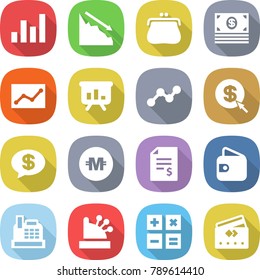 flat vector icon set - graph vector, crisis, purse, money, statistics, presentation, dollar arrow, message, crypto currency, account balance, wallet, cashbox, calculator, credit card