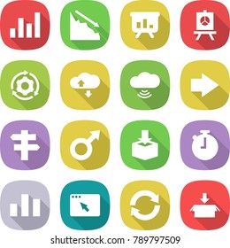 flat vector icon set - graph vector, crisis, presentation, around gear, cloud service, wireless, right arrow, singlepost, male sign, package, stopwatch, chart, browser window, reload