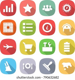 flat vector icon set - graph vector, star, group, sun power, cpu, list, info, barn, plane, cart, repair tools, battery, knife holder, fork spoon plate, scraper, spot