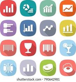 flat vector icon set - graph vector, diagram, statistics, up, bar code, wineglass, cocktail, magnetic field, chart, steake, soap