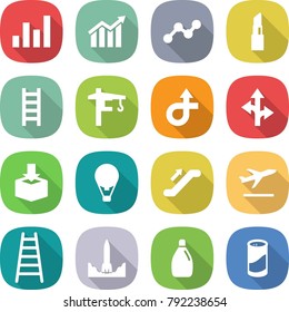 flat vector icon set - graph vector, diagram, lipstick, ladder, tower crane, trip, route, package, air ballon, escalator, departure, rocket start, cleanser, powder