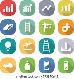 flat vector icon set - graph vector, diagram, up, down arrow, ladder, tower crane, trip, air ballon, departure, rocket start, pickup, cleanser, powder, please clean