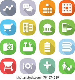 flat vector icon set - graph vector, discussion, sun power, cpu, cart, houses, goverment house, hotel, camera, repair tools, battery, towel, bbq, fork spoon plate, scarecrow, toilet cleaning