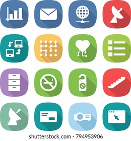 flat vector icon set - graph vector, mail, globe connect, satellite antenna, notebook, chip, cardio, list, archive, no smoking, do not distrub, stairs, envelope, projector, browser window