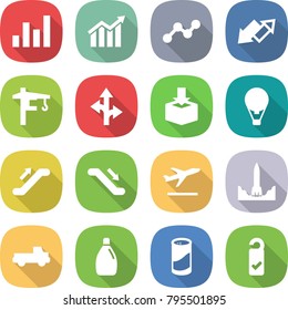 flat vector icon set - graph vector, diagram, up down arrow, tower crane, route, package, air ballon, escalator, departure, rocket start, pickup, cleanser, powder, please clean
