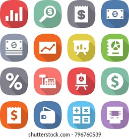 flat vector icon set - graph vector, dollar magnifier, receipt, money, statistics, presentation, annual report, percent, cashbox, coin, wallet, calculator, atm