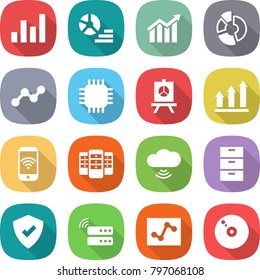flat vector icon set - graph vector, diagram, circle, chip, presentation, up, phone wireless, server, cloud, archive, protected, analytics, cd