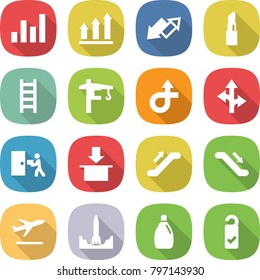 flat vector icon set - graph vector, up, down arrow, lipstick, ladder, tower crane, trip, route, courier delivery, package, escalator, departure, rocket start, cleanser, please clean