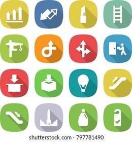 flat vector icon set - graph up vector, down arrow, lipstick, ladder, tower crane, trip, route, courier delivery, package, air ballon, escalator, rocket start, cleanser, please clean