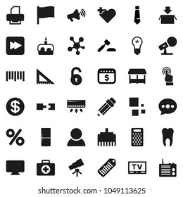 Flat vector icon set - grater vector, cake, pencil, corner ruler, telescope, flag, auction, tie, dollar calendar, first aid kit, barcode, microphone, loudspeaker, tv, touchscreen, social media, coin