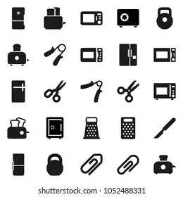 Flat vector icon set - grater vector, toaster, microwave oven, scissors, safe, weight, hand trainer, scalpel, attachment, fridge