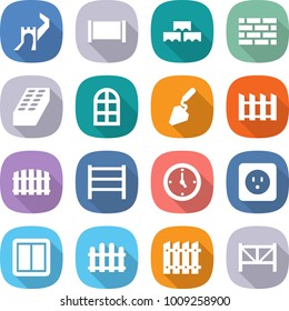 flat vector icon set - greate wall vector, fence, block, brick, arch window, construction, rack, watch, power socket, switch, farm