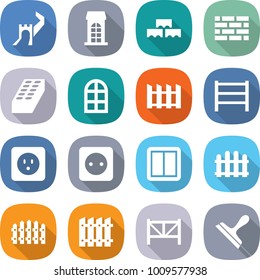 flat vector icon set - greate wall vector, building, block, brick, arch window, fence, rack, power socket, switch, farm, scraper