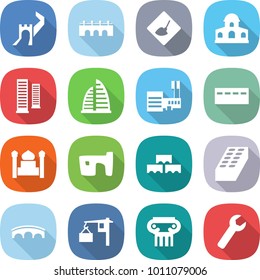 flat vector icon set - greate wall vector, bridge, under construction, mansion, skyscrapers, skyscraper, mall, bunker, minaret, slum, block, brick, loading, antique column, wrench
