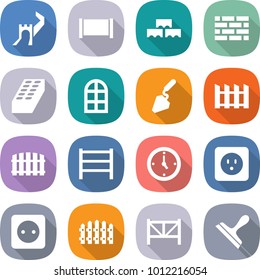 flat vector icon set - greate wall vector, fence, block, brick, arch window, construction, rack, watch, power socket, farm, scraper