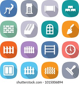 flat vector icon set - greate wall vector, building, fence, block, brick, arch window, construction, rack, watch, power switch, scraper