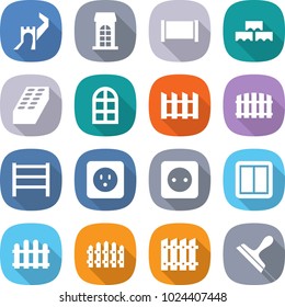flat vector icon set - greate wall vector, building, fence, block, brick, arch window, rack, power socket, switch, scraper