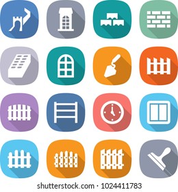 flat vector icon set - greate wall vector, building, block, brick, arch window, construction, fence, rack, watch, power switch, scraper