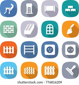 flat vector icon set - greate wall vector, building, fence, block, brick, arch window, construction, rack, power socket, scraper