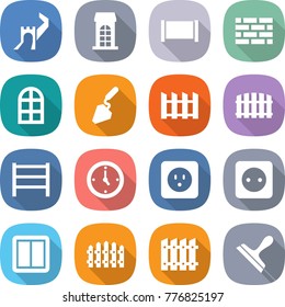 flat vector icon set - greate wall vector, building, fence, brick, arch window, construction, rack, watch, power socket, switch, scraper
