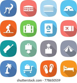 flat vector icon set - greate wall vector, airport building, dome house, tourist, suitcase, passport, ticket, baggage get, tent, palm, trolley, flip flops, bed