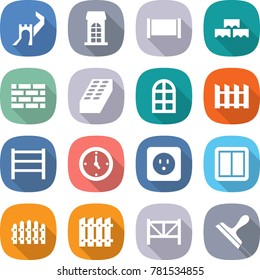 flat vector icon set - greate wall vector, building, fence, block, brick, arch window, rack, watch, power socket, switch, farm, scraper