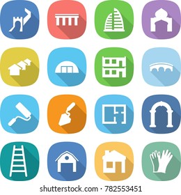 flat vector icon set - greate wall vector, bridge, skyscraper, minaret, houses, hangare, modular house, repair, construction, plan, arch, ladder, barn, gloves